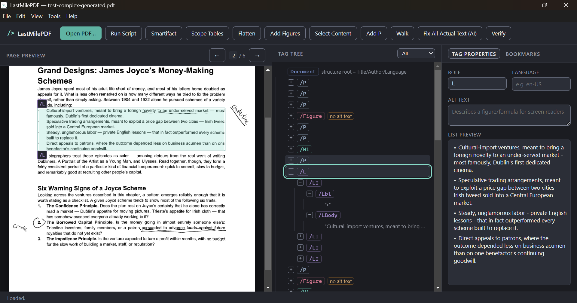 LastMilePDF in its dark theme. A PDF page preview fills the left pane, with a bulleted list on the page outlined in teal and labelled /L. The tag tree in the middle has that list's /L tag selected and expanded to show its /LI, /Lbl and /LBody children. Tag properties on the right show the role "L", empty language and alt text fields, and a live list preview of the four bullet items.
