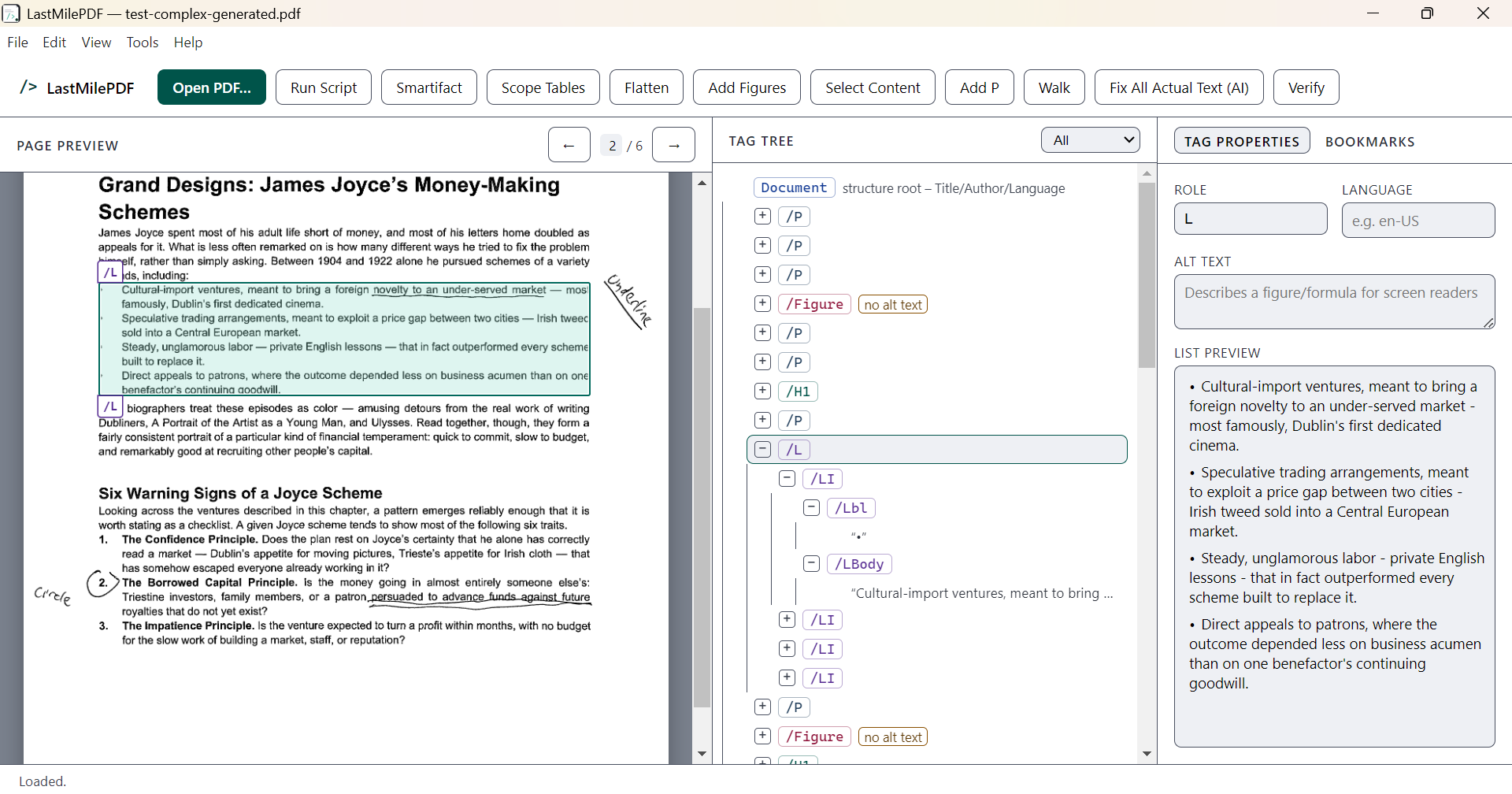 The same window in the light theme: identical document, identical selected list tag, on a white background with darker text and outlines.