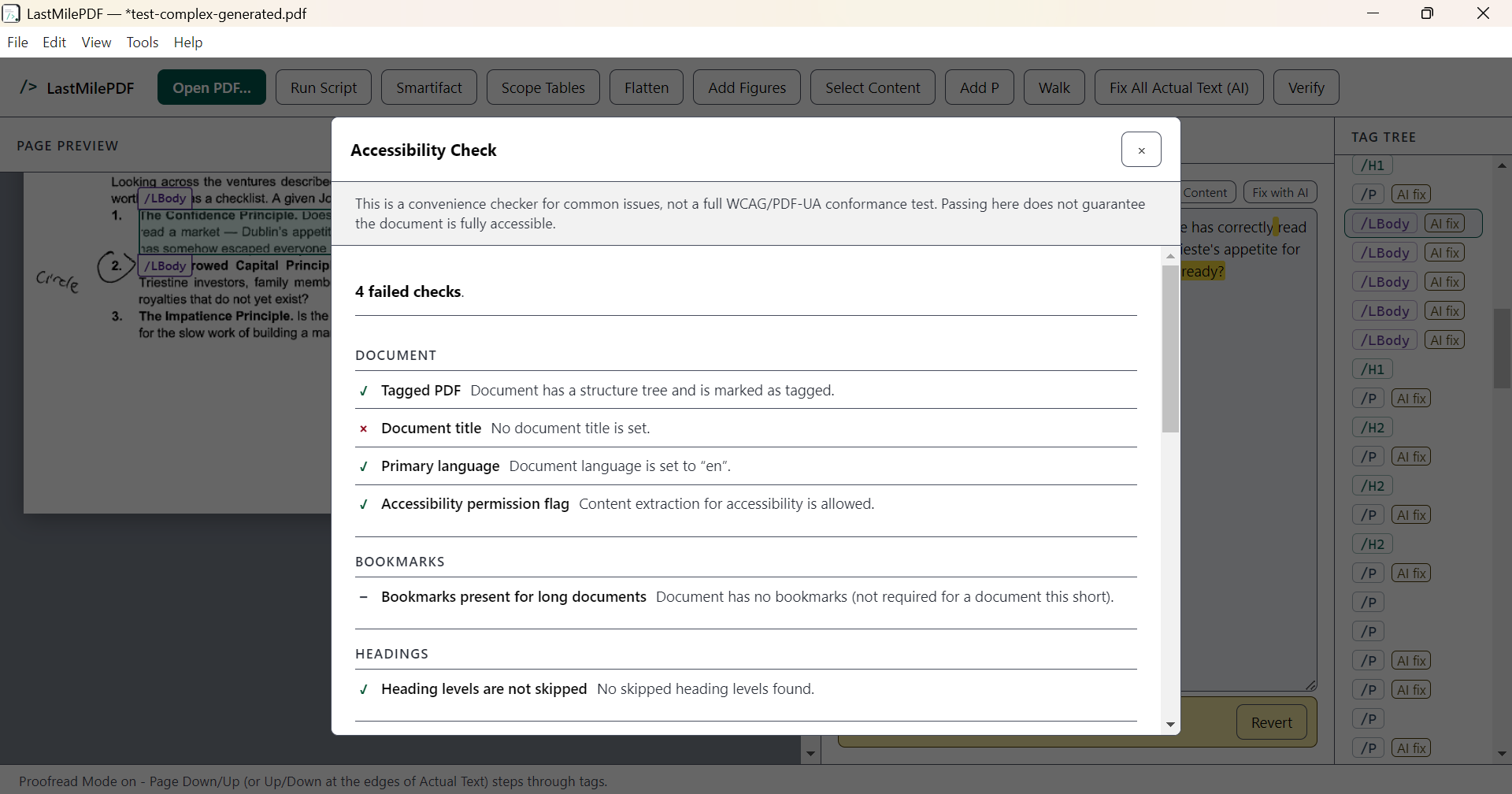 The Accessibility Check dialog in the light theme, reporting "4 failed checks". Results are grouped under Document, Bookmarks and Headings, and every row is marked with a tick, a cross or a dash beside its name: "Tagged PDF" passes, "Document title" fails with "No document title is set", and "Bookmarks present for long documents" is marked not applicable.